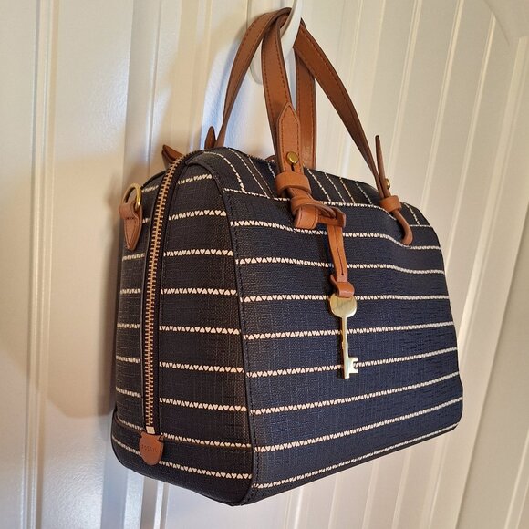 Fossil Rachel Satchel B/W Heart Stripe Vegan Leather & Canvas Crossbody Bag - Picture 3 of 10